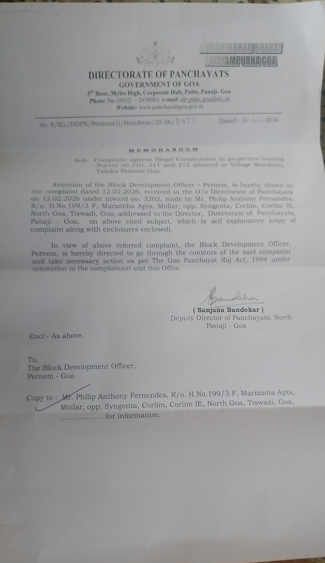 Government Orders Enquiry into Complaint Alleging Illegal Construction in Mandrem CRZ Area