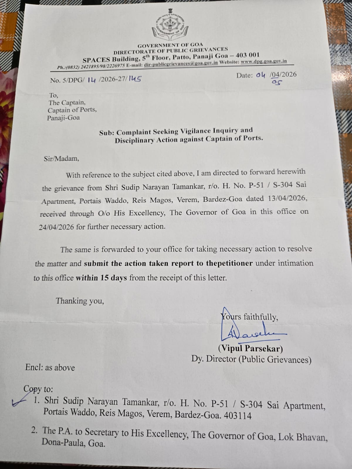 Governor’s Office Forwards Complaint Against Captain of Ports; Public Grievances Dept Seeks Action Report