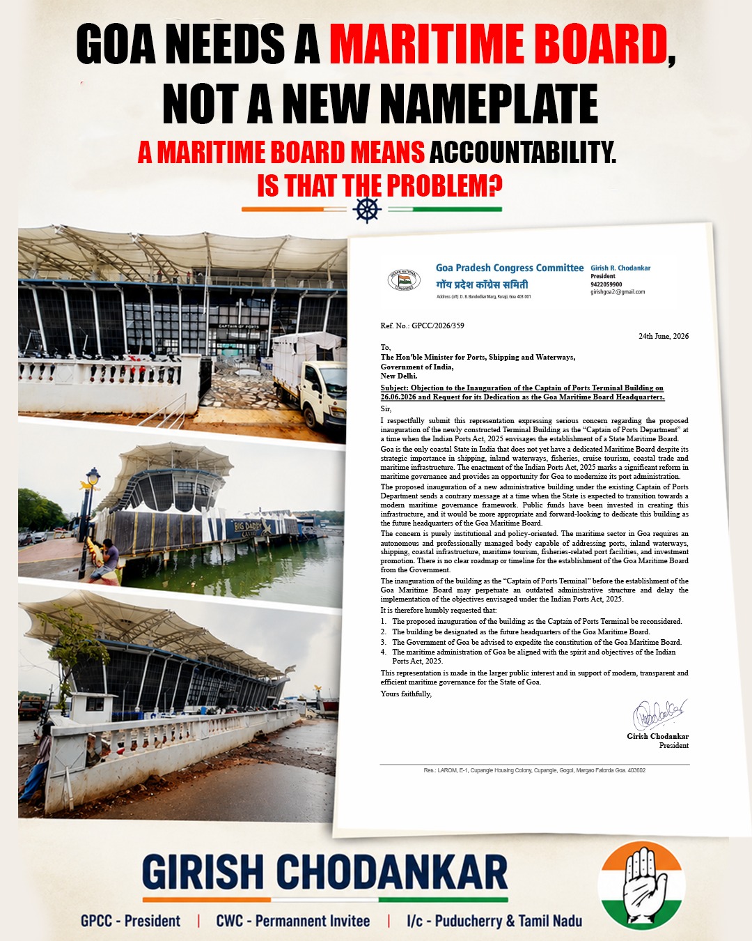 GPCC Opposes Inauguration of Captain of Ports Terminal, Demands Goa Maritime Board Headquarters