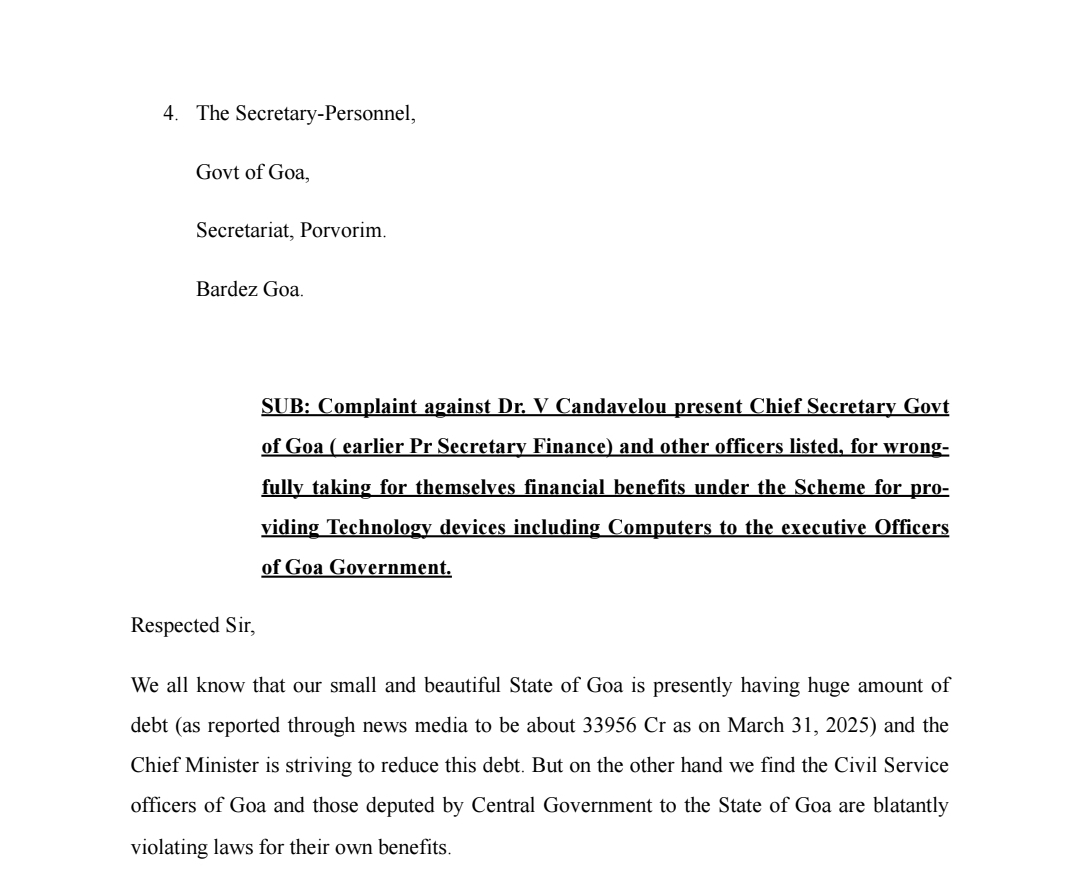 Complaint Filed Against Goa Chief Secretary, Senior Officers Over Alleged Misuse of Technology Device Reimbursement Scheme