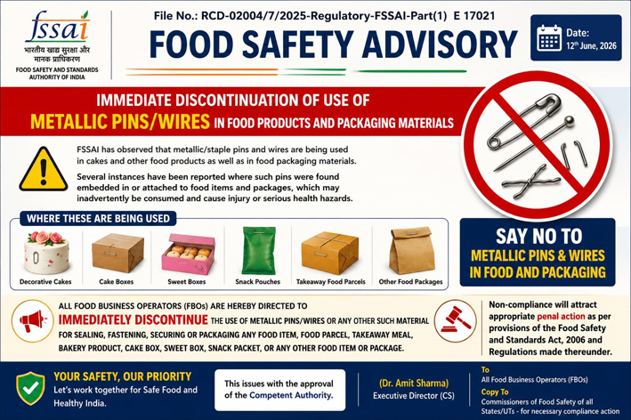 FSSAI Bans Use of Metallic Pins and Wires in Food Packaging, Orders Immediate Compliance