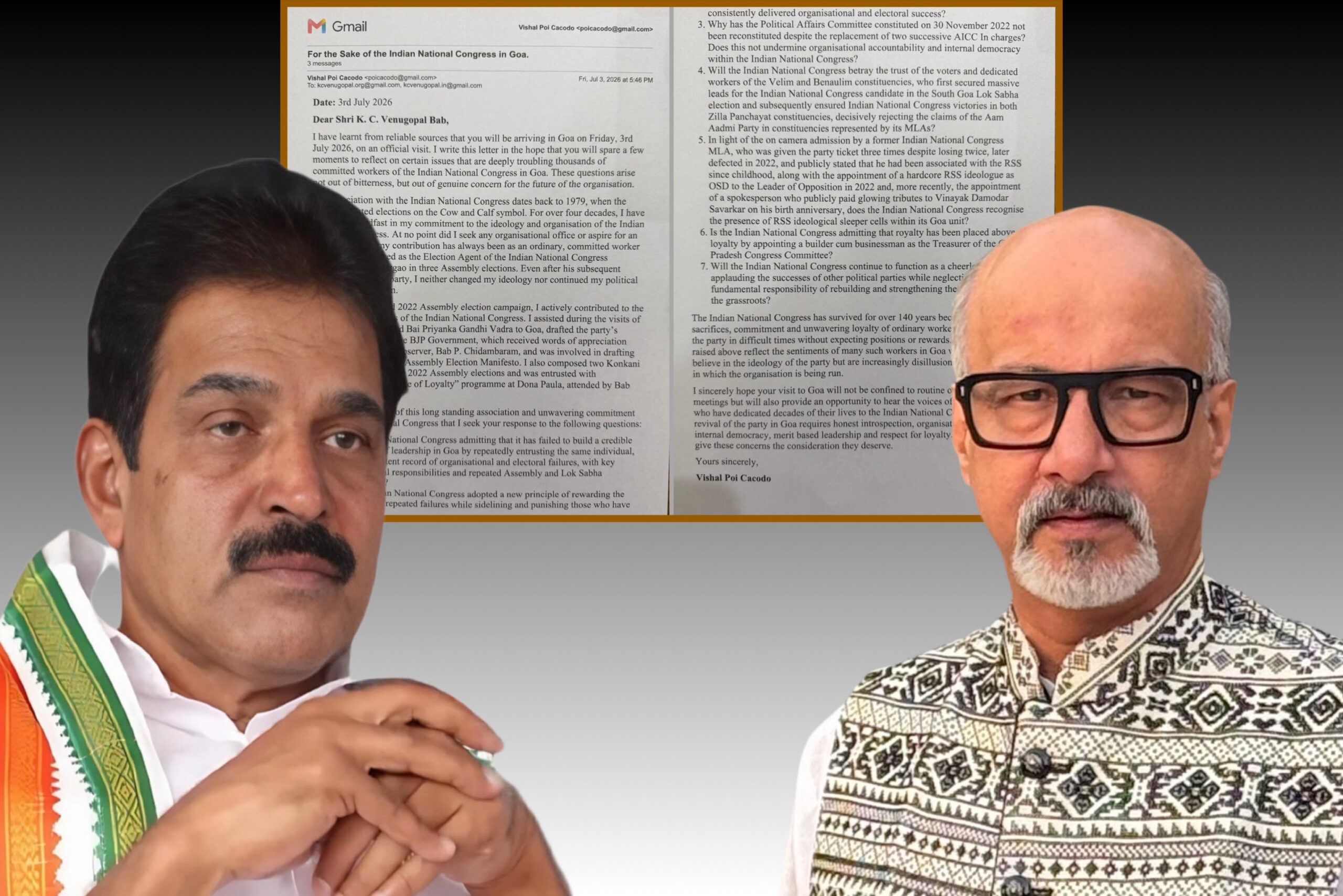 Vishal Pai Cacode writes to AICC leader K. C. Venugopal, raises seven questions on Goa Congress