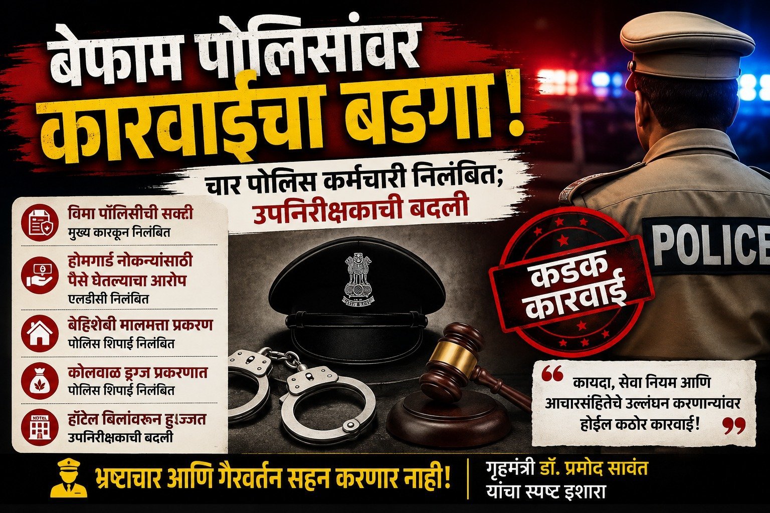 बेफाम पोलिसांवर कारवाईचा बडगाचार पोलिस कर्मचारी निलंबित; उपनिरीक्षकाची बदली